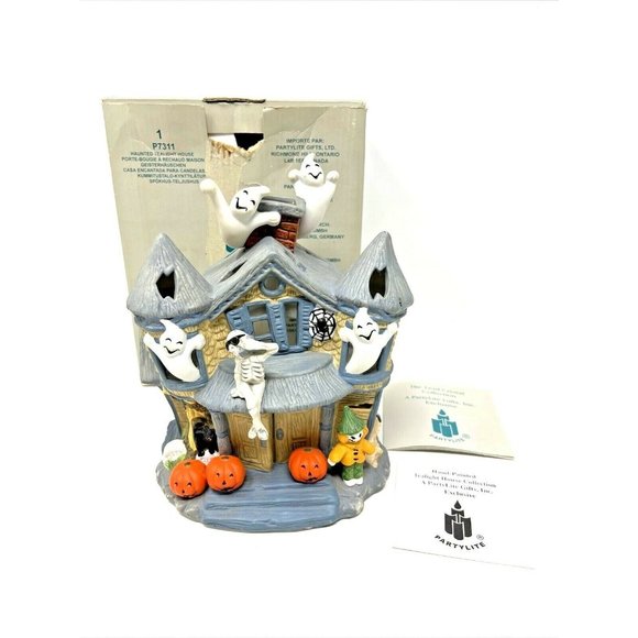 Partylite Haunted Tealight House P7311 In Box Hand Painted Ghosts Skeleton